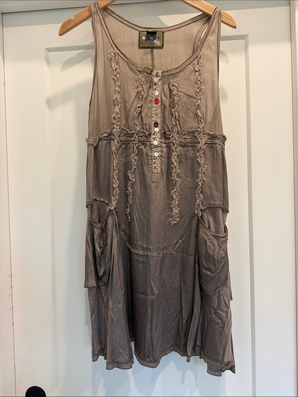 Desigual Taupe Frayed Henley Sleeveless Mini Dress